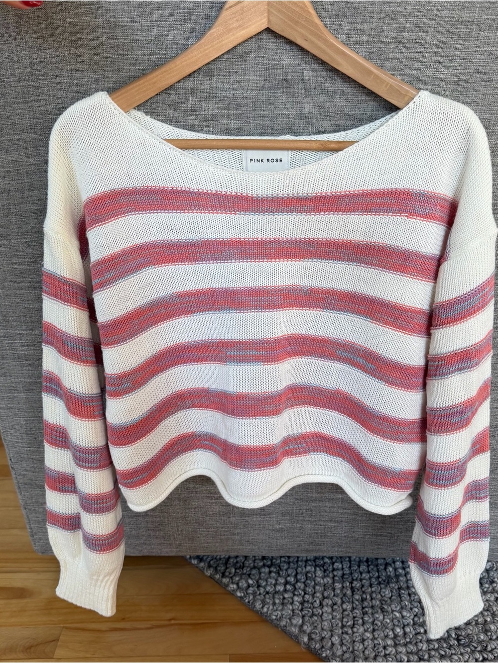 Pink Rose Boatneck Cropped Cream Sweater with Pink & Blue Stripes